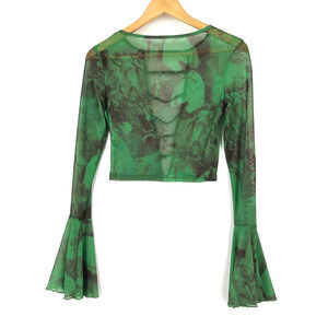 Womens Y2K Style Sheer Mesh Flare Sleeve Top Small Forest Fairy Grunge Whimsy